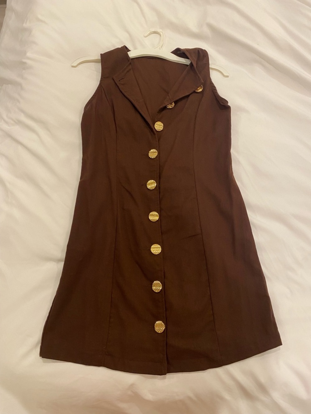 Brown Linen-type Sundress with Gold Buttons. Never worn. Size small.